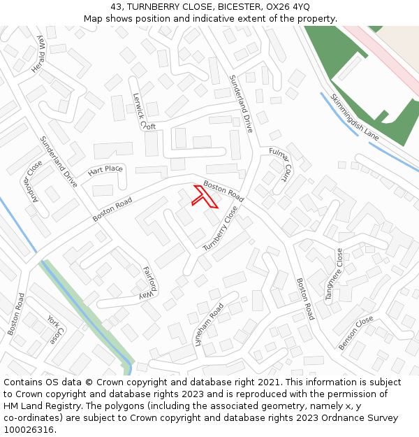 43, TURNBERRY CLOSE, BICESTER, OX26 4YQ: Location map and indicative extent of plot
