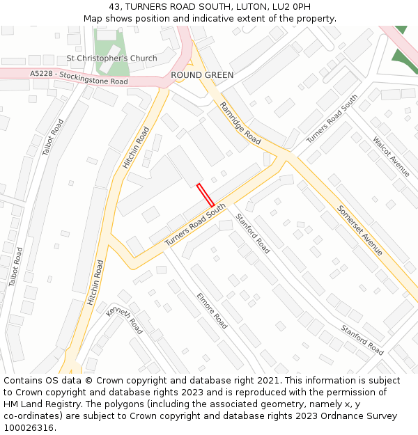 43, TURNERS ROAD SOUTH, LUTON, LU2 0PH: Location map and indicative extent of plot