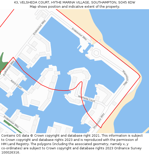 43, VELSHEDA COURT, HYTHE MARINA VILLAGE, SOUTHAMPTON, SO45 6DW: Location map and indicative extent of plot