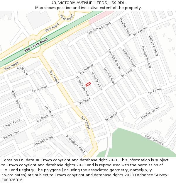 43, VICTORIA AVENUE, LEEDS, LS9 9DL: Location map and indicative extent of plot