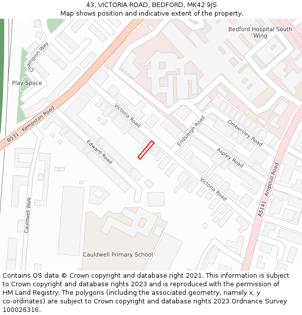 43, VICTORIA ROAD, BEDFORD, MK42 9JS: Location map and indicative extent of plot