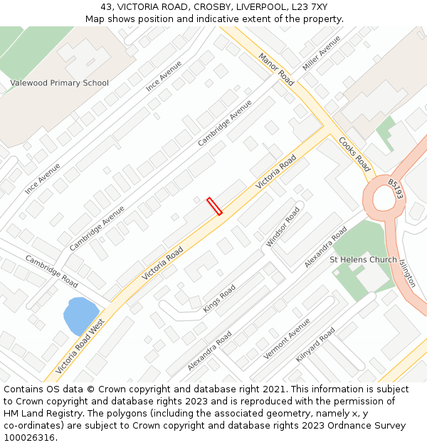 43, VICTORIA ROAD, CROSBY, LIVERPOOL, L23 7XY: Location map and indicative extent of plot