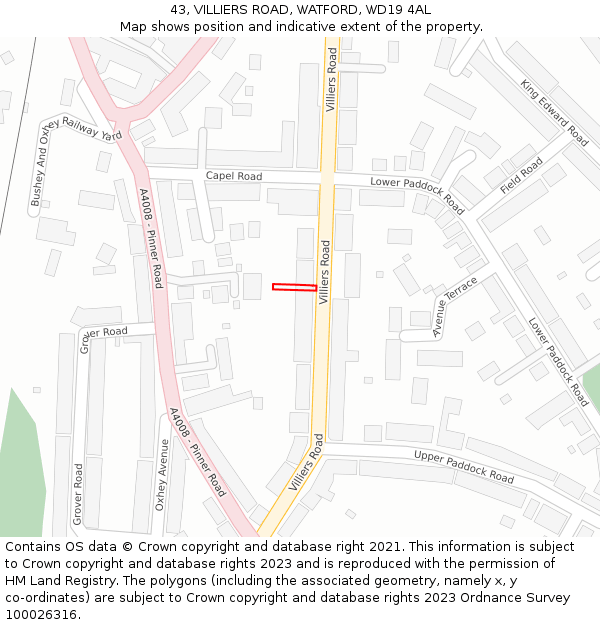 43, VILLIERS ROAD, WATFORD, WD19 4AL: Location map and indicative extent of plot
