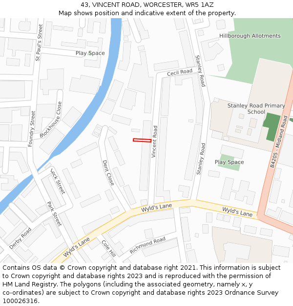 43, VINCENT ROAD, WORCESTER, WR5 1AZ: Location map and indicative extent of plot