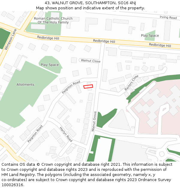 43, WALNUT GROVE, SOUTHAMPTON, SO16 4NJ: Location map and indicative extent of plot