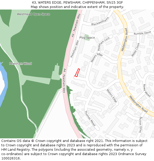 43, WATERS EDGE, PEWSHAM, CHIPPENHAM, SN15 3GF: Location map and indicative extent of plot
