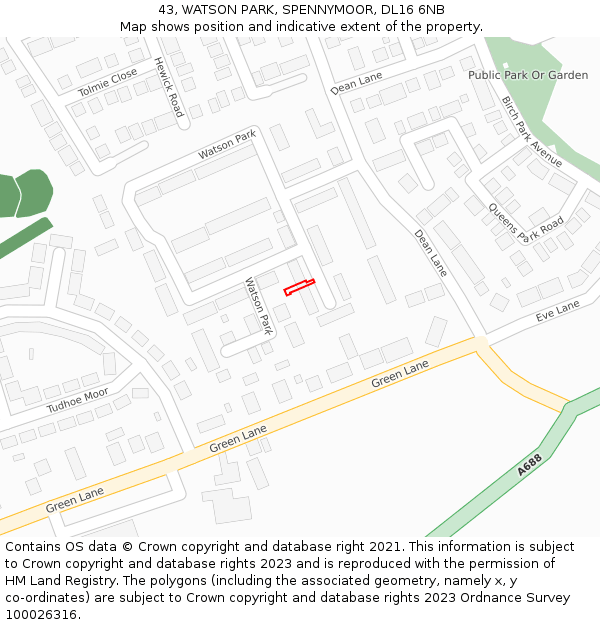 43, WATSON PARK, SPENNYMOOR, DL16 6NB: Location map and indicative extent of plot