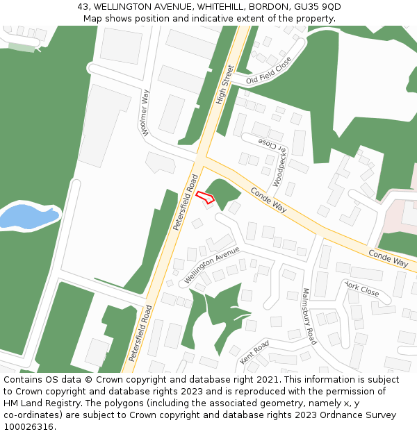 43, WELLINGTON AVENUE, WHITEHILL, BORDON, GU35 9QD: Location map and indicative extent of plot