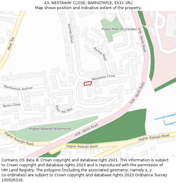 43, WESTAWAY CLOSE, BARNSTAPLE, EX31 1RU: Location map and indicative extent of plot