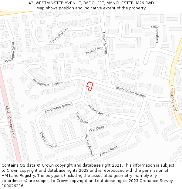43, WESTMINSTER AVENUE, RADCLIFFE, MANCHESTER, M26 3WD: Location map and indicative extent of plot