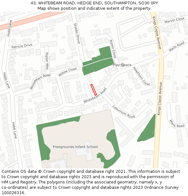 43, WHITEBEAM ROAD, HEDGE END, SOUTHAMPTON, SO30 0PY: Location map and indicative extent of plot