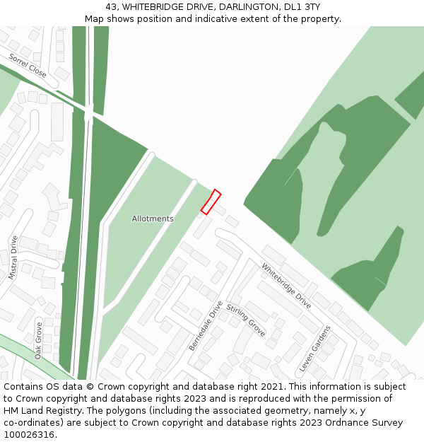 43, WHITEBRIDGE DRIVE, DARLINGTON, DL1 3TY: Location map and indicative extent of plot