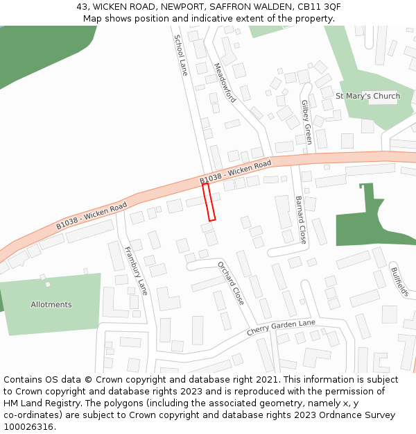 43, WICKEN ROAD, NEWPORT, SAFFRON WALDEN, CB11 3QF: Location map and indicative extent of plot