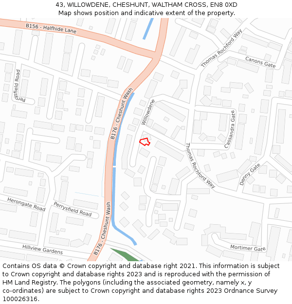 43, WILLOWDENE, CHESHUNT, WALTHAM CROSS, EN8 0XD: Location map and indicative extent of plot