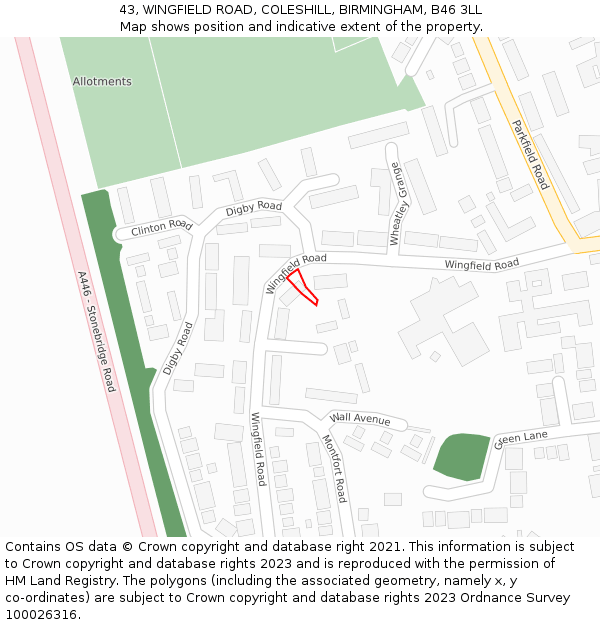 43, WINGFIELD ROAD, COLESHILL, BIRMINGHAM, B46 3LL: Location map and indicative extent of plot