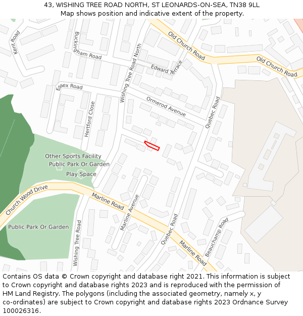 43, WISHING TREE ROAD NORTH, ST LEONARDS-ON-SEA, TN38 9LL: Location map and indicative extent of plot