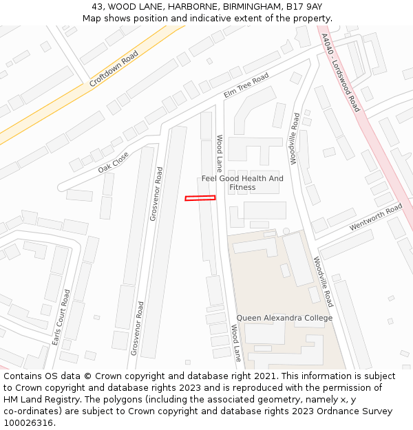 43, WOOD LANE, HARBORNE, BIRMINGHAM, B17 9AY: Location map and indicative extent of plot