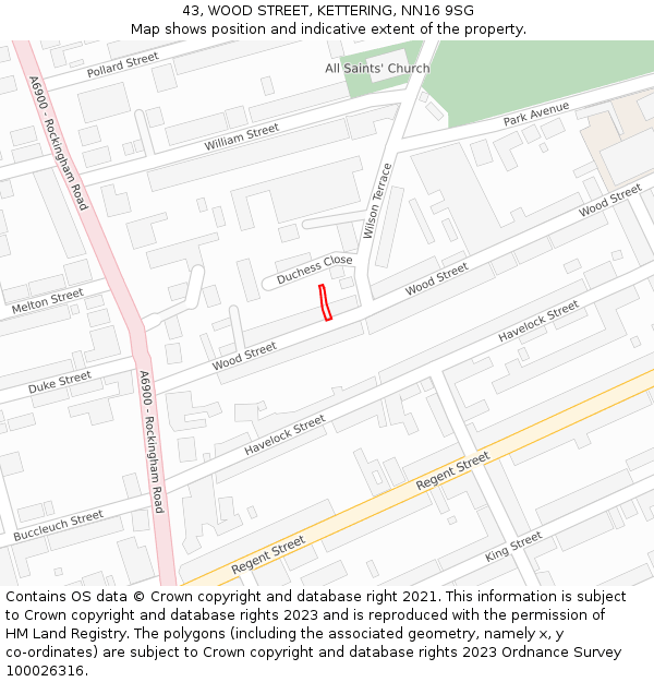 43, WOOD STREET, KETTERING, NN16 9SG: Location map and indicative extent of plot