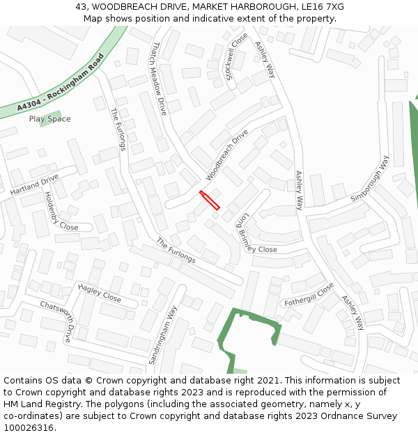 43, WOODBREACH DRIVE, MARKET HARBOROUGH, LE16 7XG: Location map and indicative extent of plot