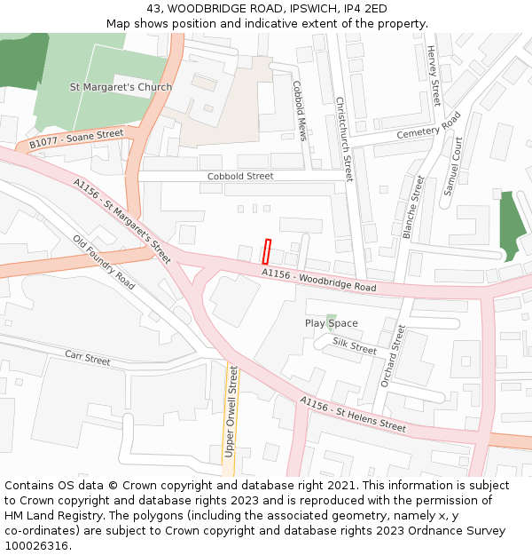 43, WOODBRIDGE ROAD, IPSWICH, IP4 2ED: Location map and indicative extent of plot