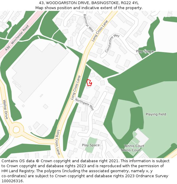 43, WOODGARSTON DRIVE, BASINGSTOKE, RG22 4YL: Location map and indicative extent of plot