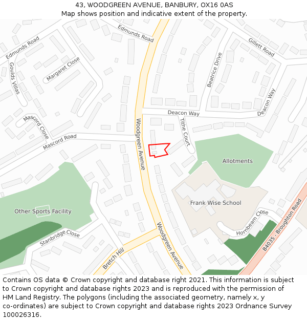 43, WOODGREEN AVENUE, BANBURY, OX16 0AS: Location map and indicative extent of plot