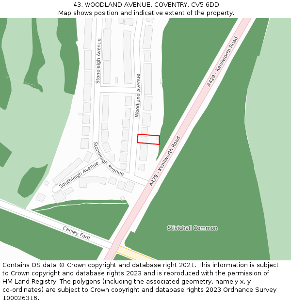 43, WOODLAND AVENUE, COVENTRY, CV5 6DD: Location map and indicative extent of plot