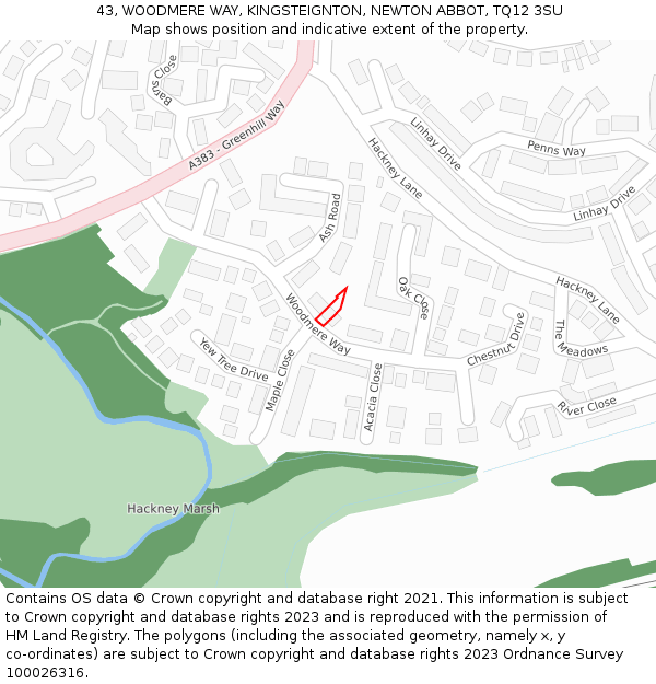 43, WOODMERE WAY, KINGSTEIGNTON, NEWTON ABBOT, TQ12 3SU: Location map and indicative extent of plot