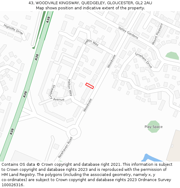 43, WOODVALE KINGSWAY, QUEDGELEY, GLOUCESTER, GL2 2AU: Location map and indicative extent of plot