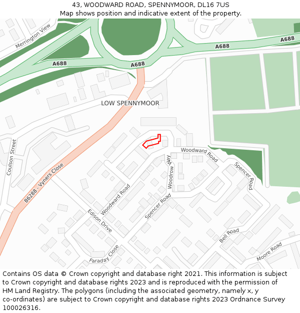 43, WOODWARD ROAD, SPENNYMOOR, DL16 7US: Location map and indicative extent of plot