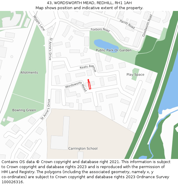 43, WORDSWORTH MEAD, REDHILL, RH1 1AH: Location map and indicative extent of plot