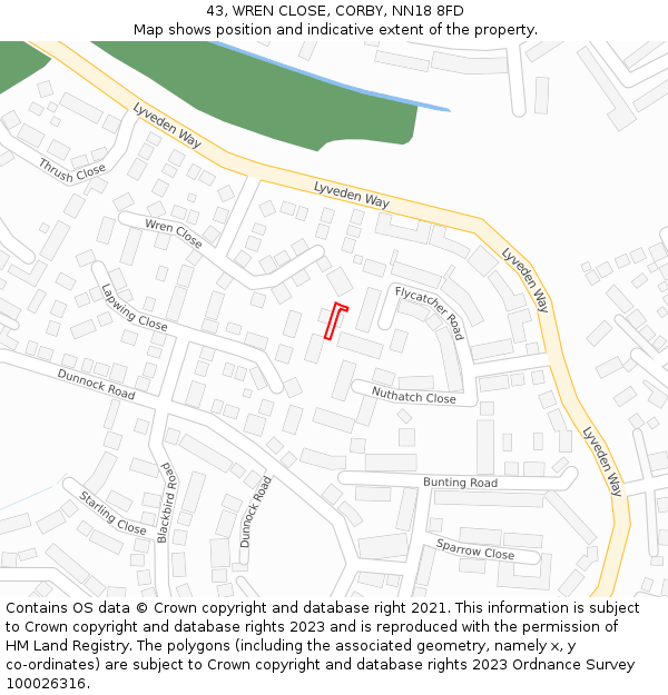 43, WREN CLOSE, CORBY, NN18 8FD: Location map and indicative extent of plot