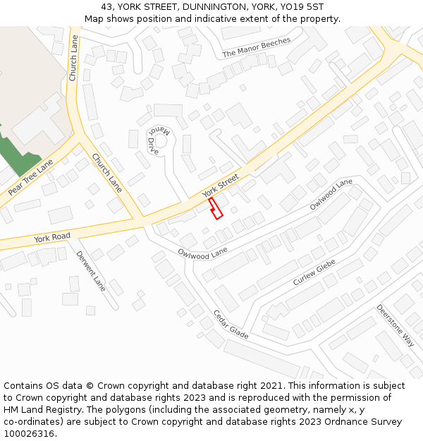 43, YORK STREET, DUNNINGTON, YORK, YO19 5ST: Location map and indicative extent of plot