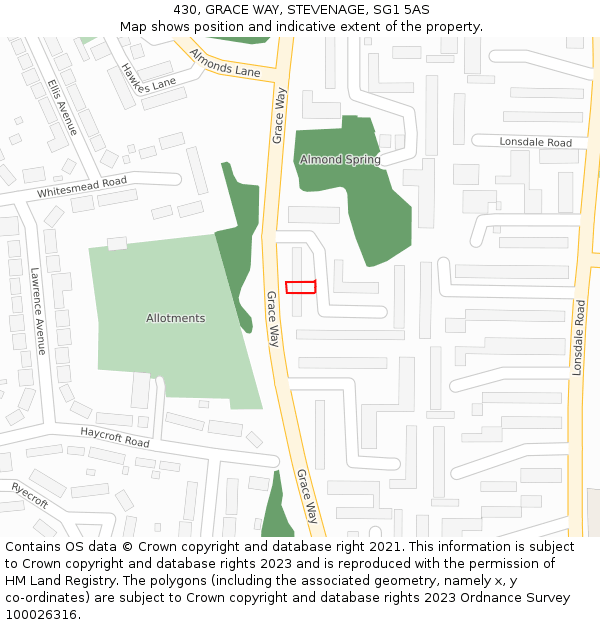 430, GRACE WAY, STEVENAGE, SG1 5AS: Location map and indicative extent of plot