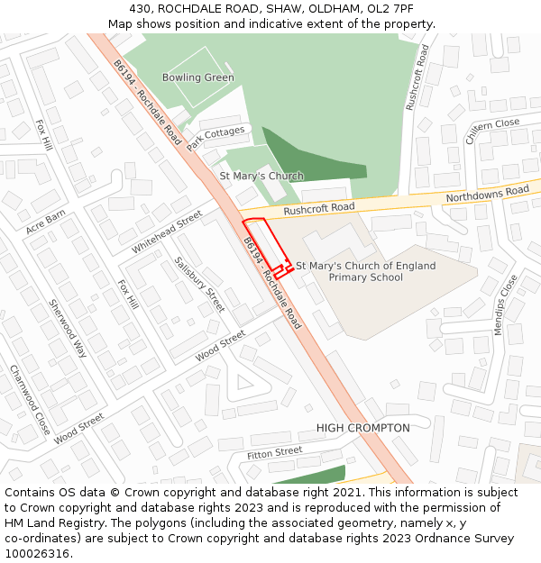 430, ROCHDALE ROAD, SHAW, OLDHAM, OL2 7PF: Location map and indicative extent of plot
