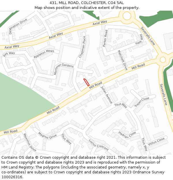 431, MILL ROAD, COLCHESTER, CO4 5AL: Location map and indicative extent of plot