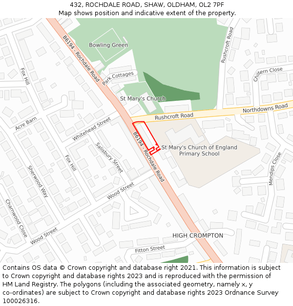 432, ROCHDALE ROAD, SHAW, OLDHAM, OL2 7PF: Location map and indicative extent of plot