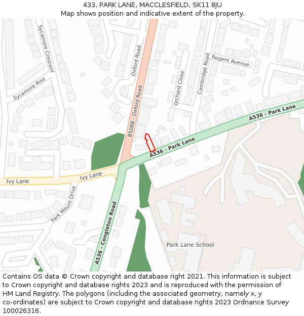 433, PARK LANE, MACCLESFIELD, SK11 8JU: Location map and indicative extent of plot
