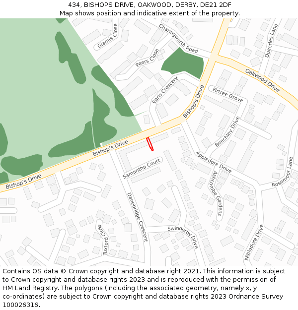 434, BISHOPS DRIVE, OAKWOOD, DERBY, DE21 2DF: Location map and indicative extent of plot