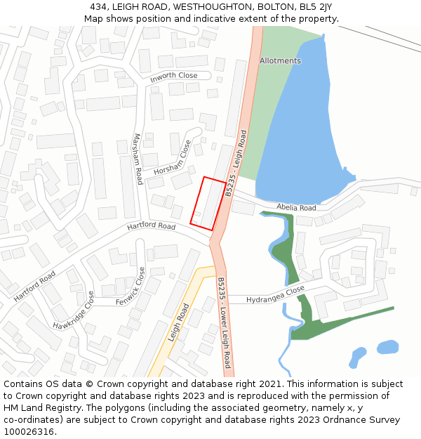 434, LEIGH ROAD, WESTHOUGHTON, BOLTON, BL5 2JY: Location map and indicative extent of plot