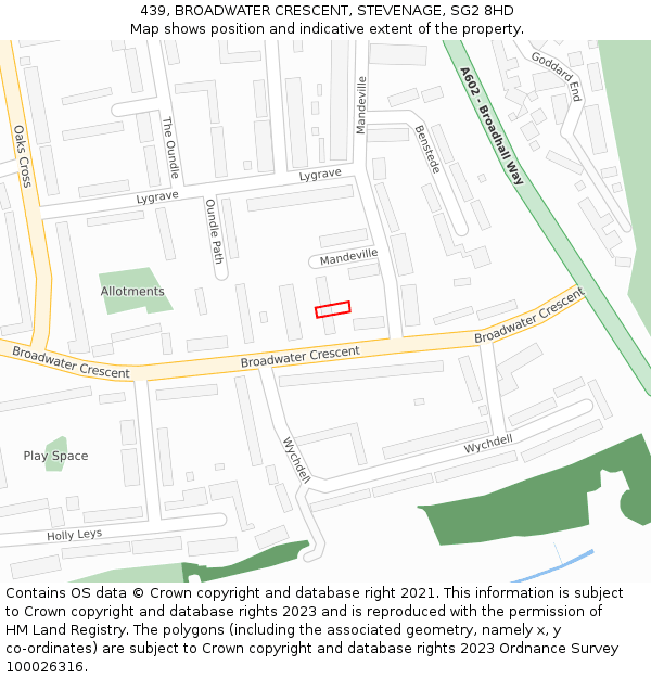 439, BROADWATER CRESCENT, STEVENAGE, SG2 8HD: Location map and indicative extent of plot