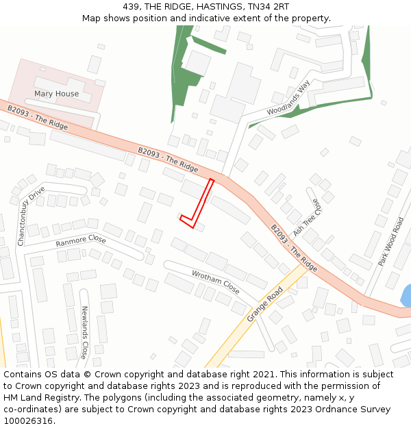 439, THE RIDGE, HASTINGS, TN34 2RT: Location map and indicative extent of plot