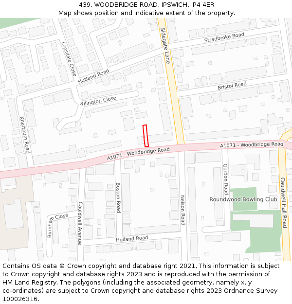 439, WOODBRIDGE ROAD, IPSWICH, IP4 4ER: Location map and indicative extent of plot