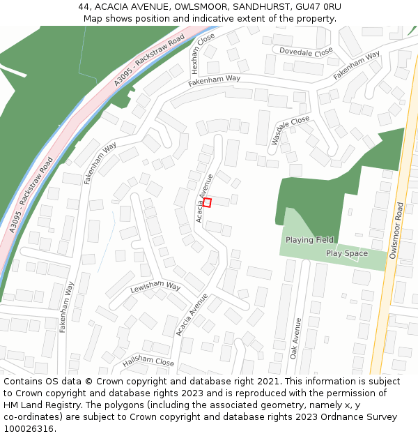 44, ACACIA AVENUE, OWLSMOOR, SANDHURST, GU47 0RU: Location map and indicative extent of plot