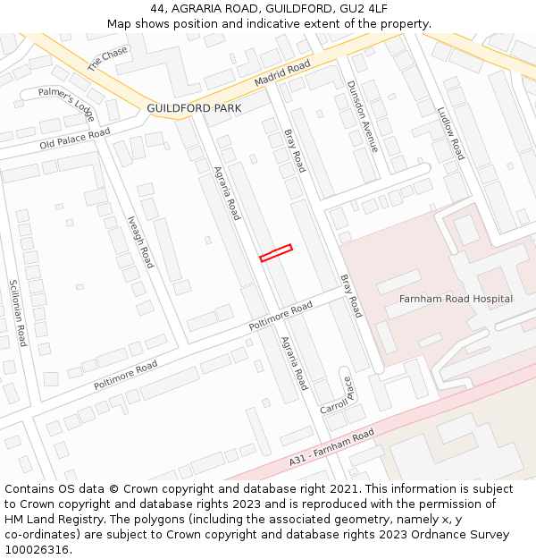 44, AGRARIA ROAD, GUILDFORD, GU2 4LF: Location map and indicative extent of plot