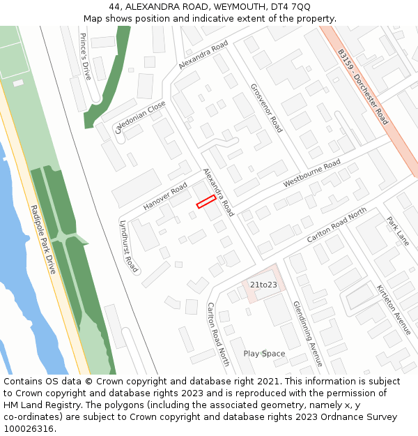 44, ALEXANDRA ROAD, WEYMOUTH, DT4 7QQ: Location map and indicative extent of plot