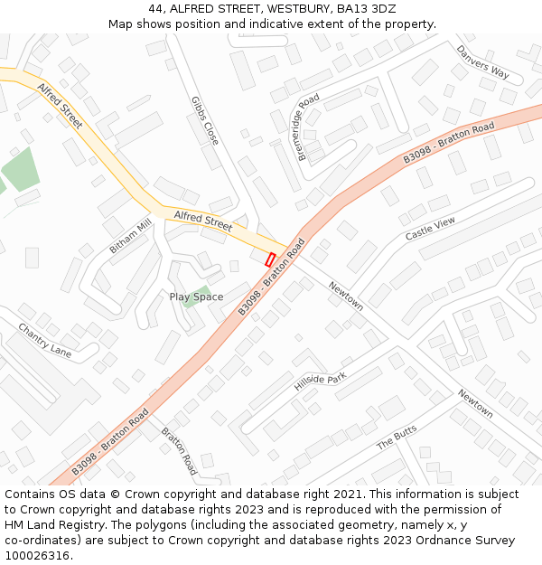 44, ALFRED STREET, WESTBURY, BA13 3DZ: Location map and indicative extent of plot