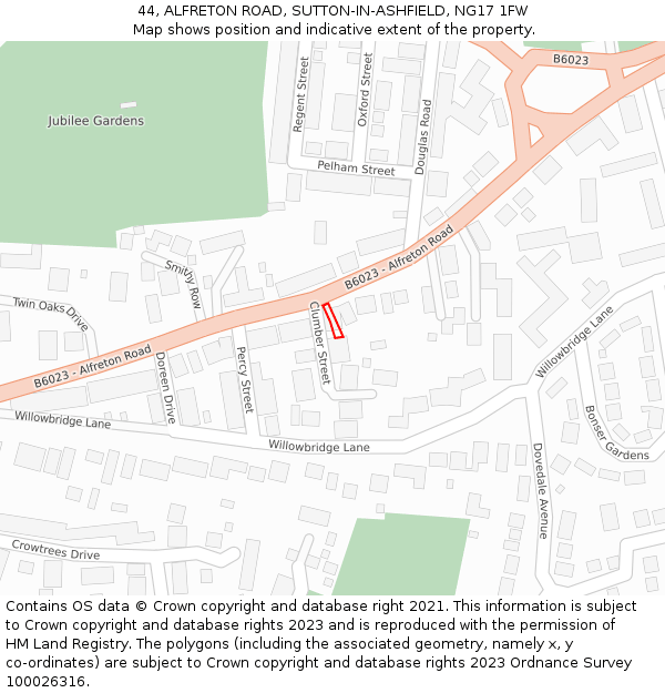 44, ALFRETON ROAD, SUTTON-IN-ASHFIELD, NG17 1FW: Location map and indicative extent of plot