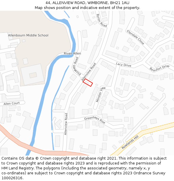44, ALLENVIEW ROAD, WIMBORNE, BH21 1AU: Location map and indicative extent of plot