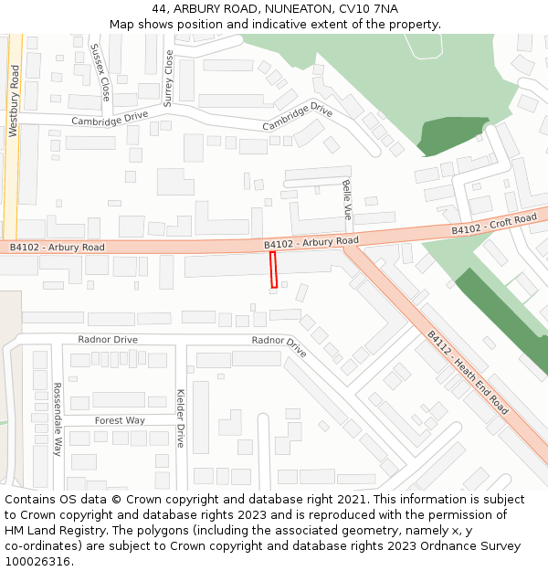 44, ARBURY ROAD, NUNEATON, CV10 7NA: Location map and indicative extent of plot